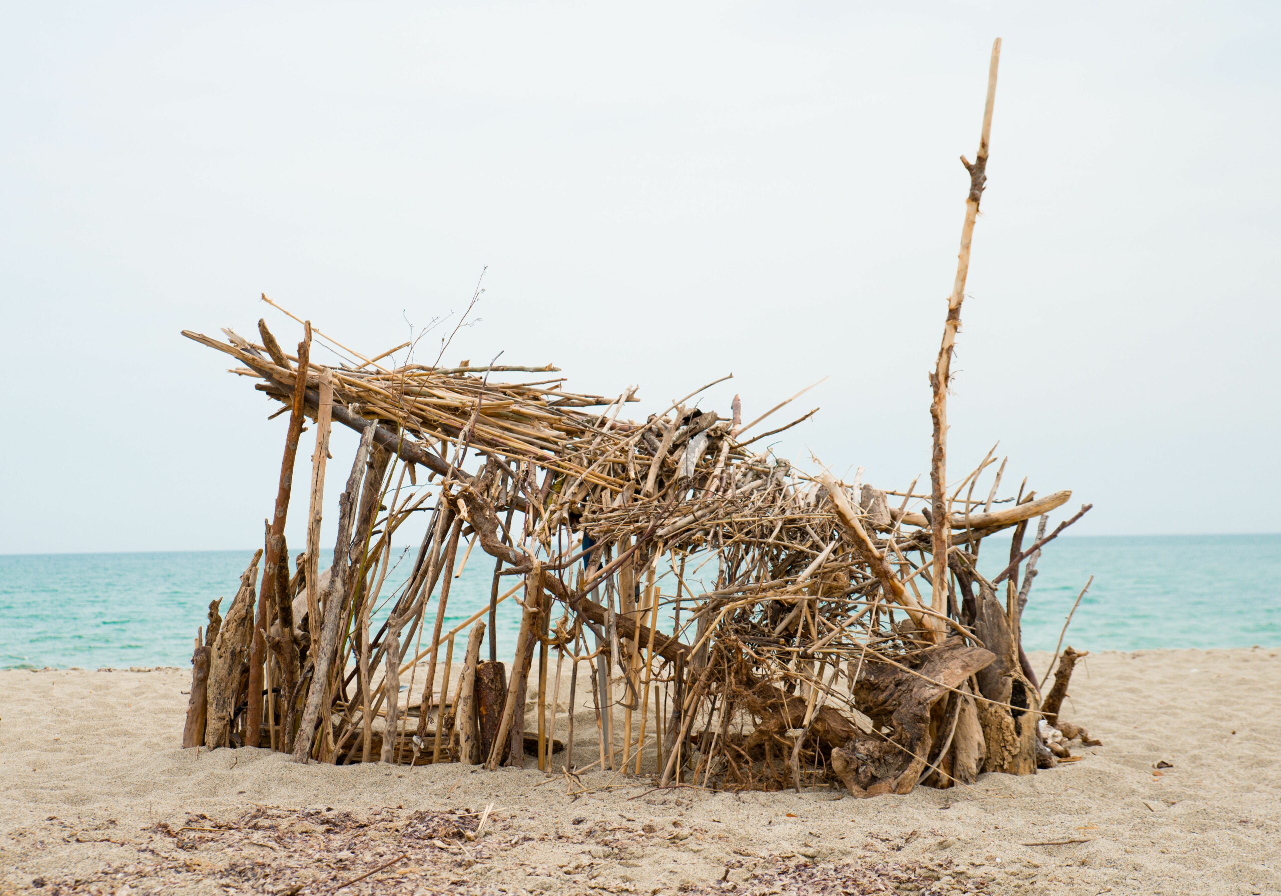 robinson crusoe refugee handmade shelter by the sea in a abandoned shore of isolated island