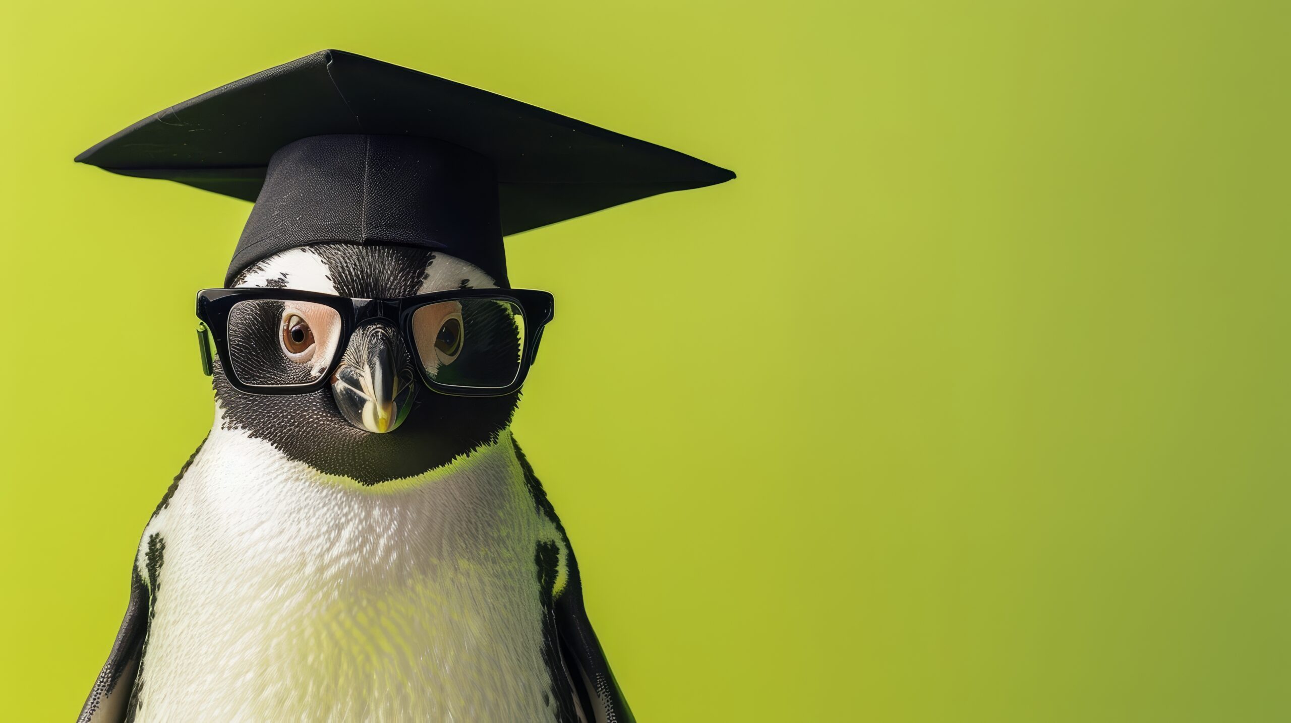 Concept of Education, Achievement and Success depicts a Penguin wearing Glasses and Graduation Cap in a Lime Green Solid Background
