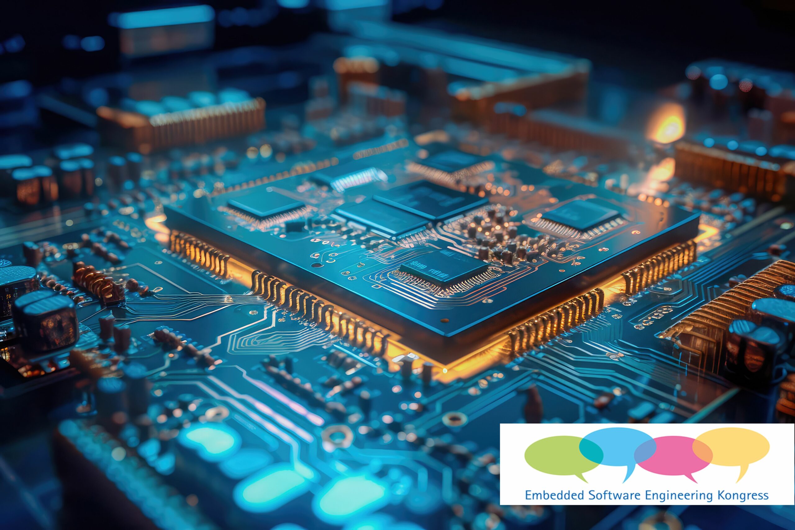 Close-up of an electrical printed circuit board. Multicore, gold and blue, super powerful. Generative AI