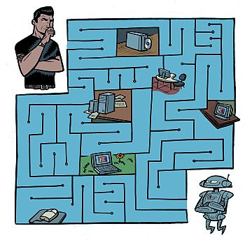 Illustration eines Mannes, der vor einem Labyrinth mit verschiedenen Stationen wie Büchern, Computern und einem Roboter steht – sinnbildlich für verschiedene Ausbildungs- und Lernpfade.