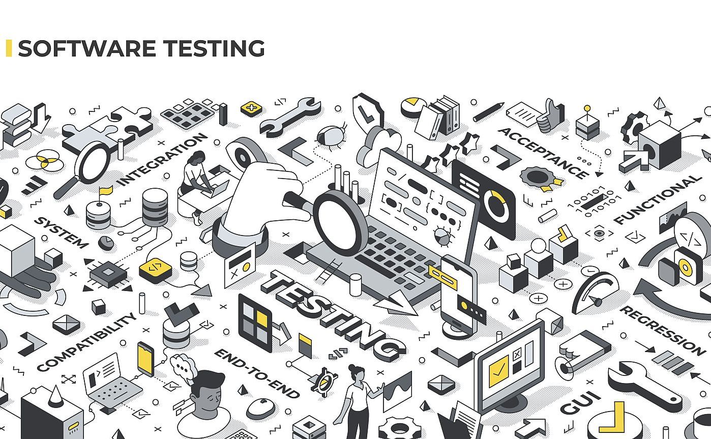 Software testing isometric illustration. The focus is on various types of testing such as compatibility, integration, end-to-end, gui, acceptance, functional, regression. Large detailed illustration